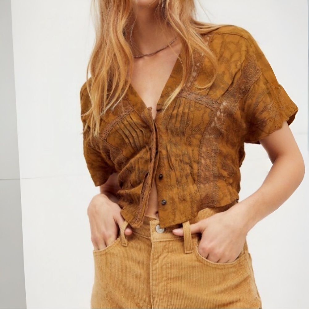 Free People Leora Crop Lace Blouse in Brown | Size XS